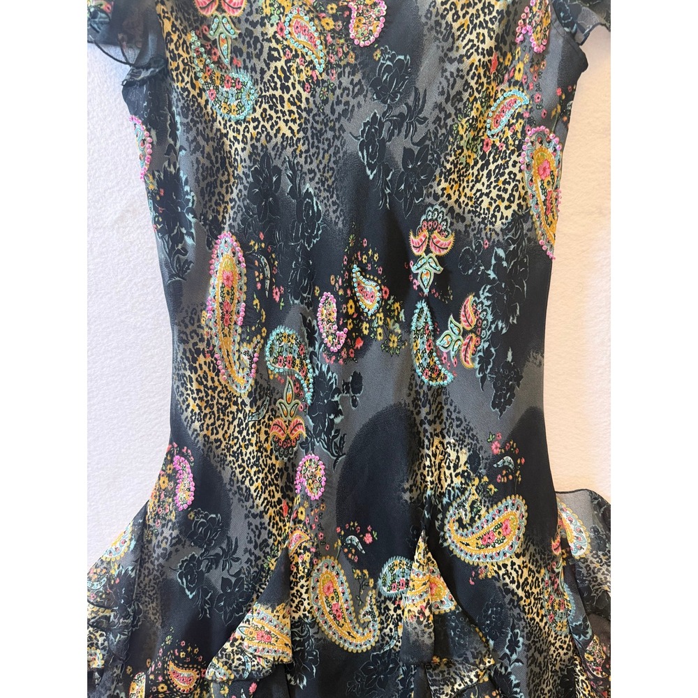 LP Oggi Stile Italiana Maxi Dress L Paisley Leopard Ruffle Chiffon Beaded Black - Picture 4 of 7